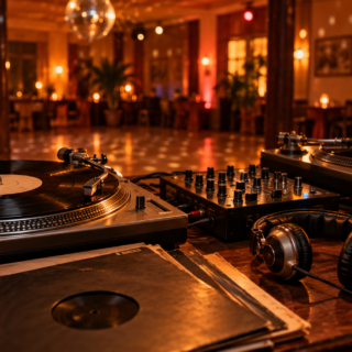 Vinylové gramofony, mixážní pult a sluchátka v teplém večerním osvětlení.
